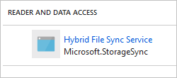ストレージ アカウントの [アクセス制御] タブにハイブリッド File Sync サービス サービス プリンシパルを示すスクリーンショット。