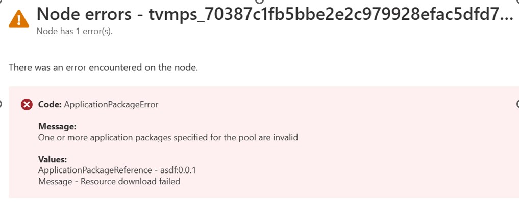 ApplicationPackageError のスクリーンショット。