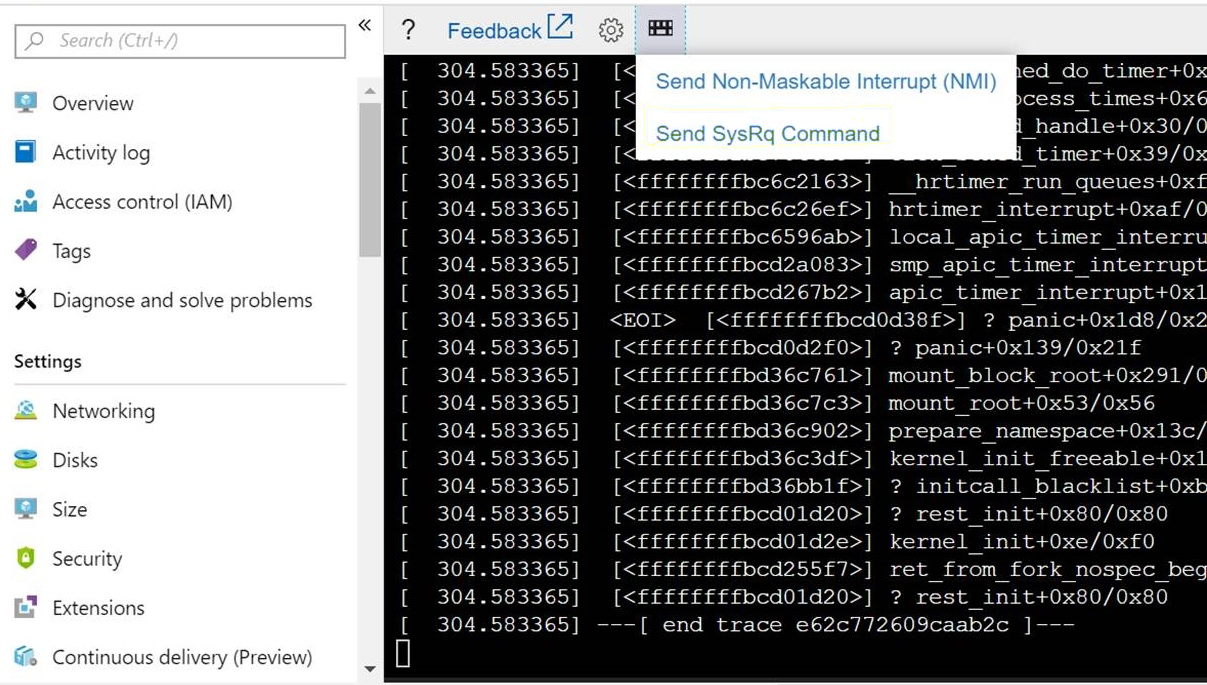 ボタン バーのキーボード アイコンの下にある [SysRq コマンドの送信] オプションのスクリーンショット。