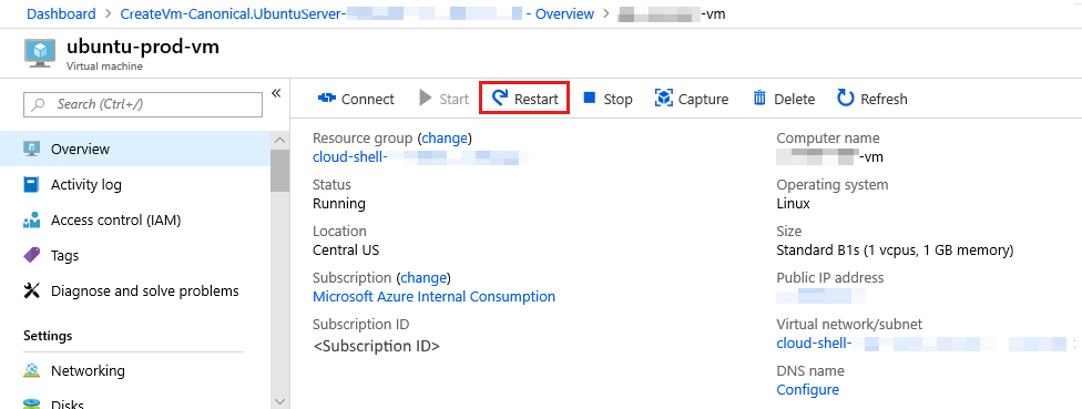 Azure ポータルで仮想マシンを再起動するためのスクリーンショット。