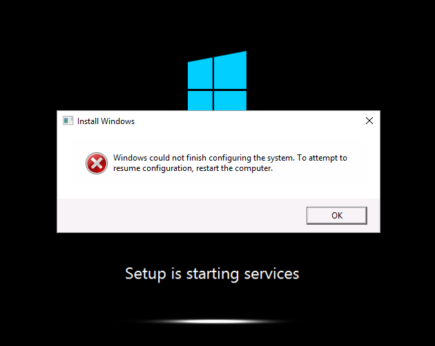 Windows セットアップがサービスを開始しているときに Windows をインストールするエラーを示すスクリーンショット。