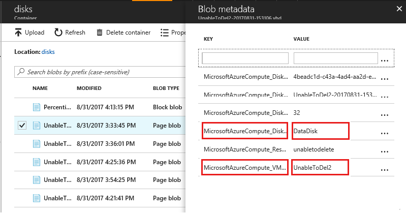 ストレージの [BLOB のメタデータ] ウィンドウが開いているポータルのスクリーンショット。