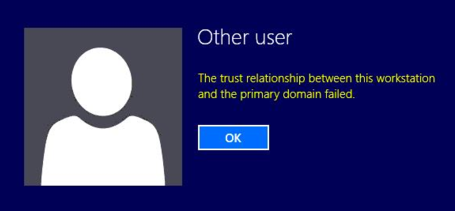 エラーのスクリーンショット このワークステーションとプライマリ ドメインの間の信頼関係が失敗しました。このスクリーンショットには、[OK] ボタンも含まれています。