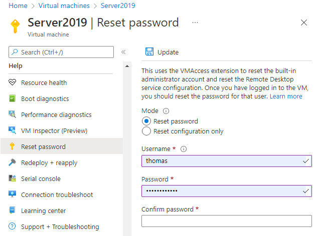 [モード] が [パスワードのリセット] に設定されている場合の [パスワードのリセット] の設定ウィンドウのスクリーンショット。