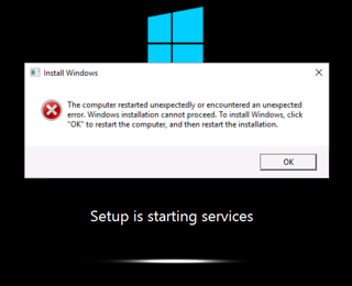 Windows インストールのセットアップがサービスを開始しているときに発生するエラーのスクリーンショット。