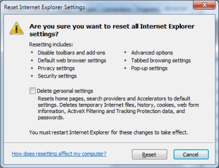 [Internet Explorer の設定のリセット] ウィンドウのスクリーンショット。