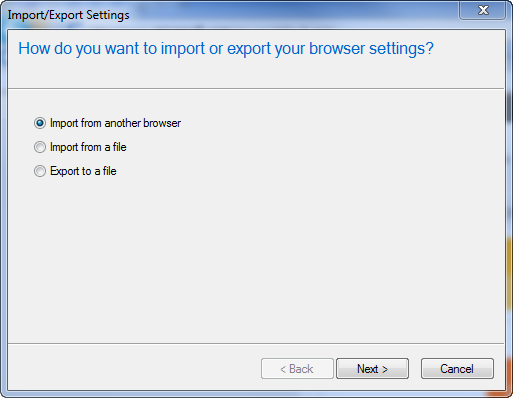 [設定のインポートまたはエクスポート] ウィンドウのスクリーンショット。[別のブラウザーからインポート] オプションが選択されています。
