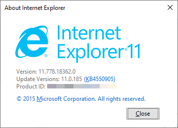 Internet Explorer 11 の [Internet Explorer について] ページのスクリーンショット。
