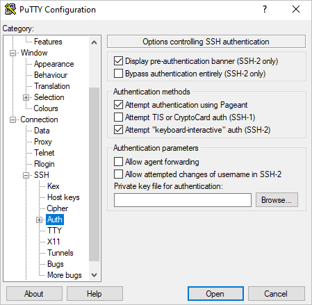選択するための putty 構成のスクリーンショット。