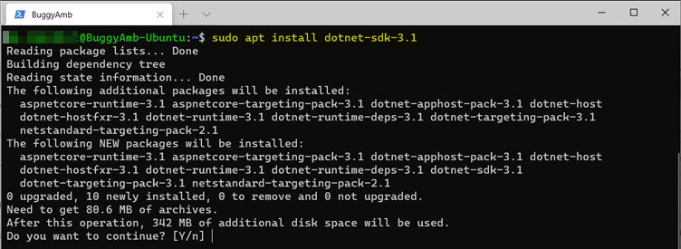 sudo apt install コマンドのスクリーンショット。