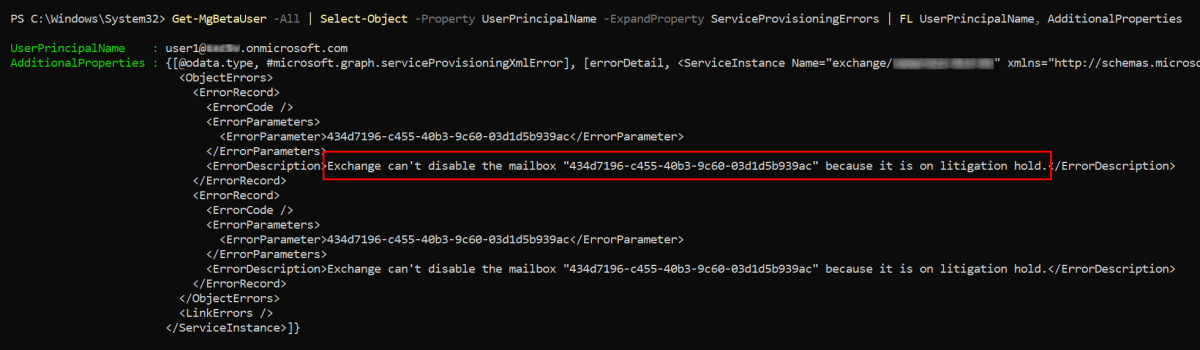 Get-MgBetaUser PowerShell コマンドレットからの出力のスクリーンショット。