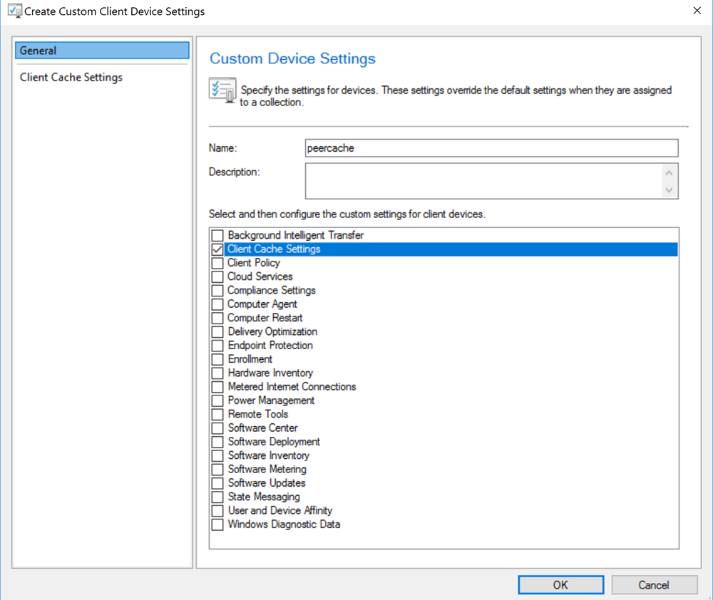 [Create Custom Client Device Settings]\(カスタム クライアント デバイス設定の作成\) ウィンドウの [クライアント キャッシュ設定] が強調表示されているスクリーンショット。