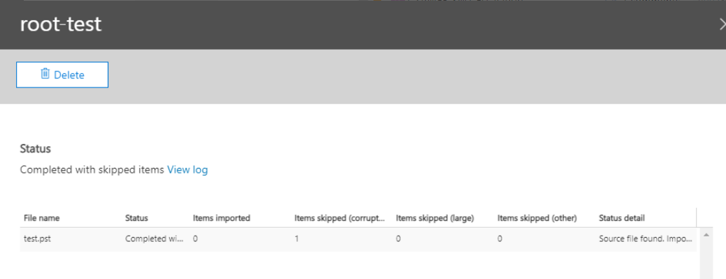 項目がスキップされた状態ページのスクリーンショット。