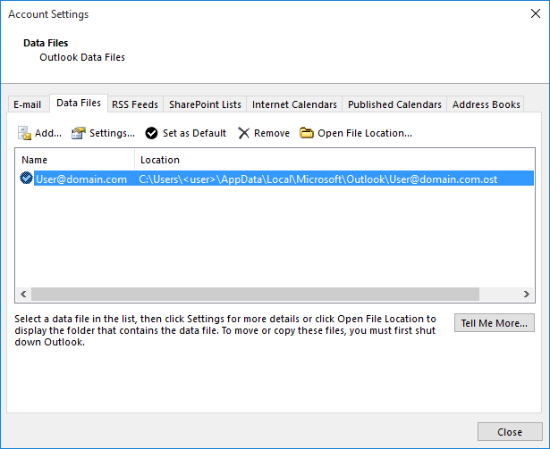 Outlook の [アカウント設定] の [データ ファイル] タブのスクリーンショット。