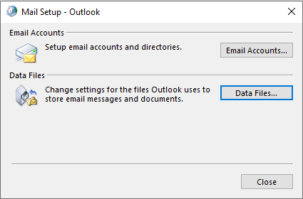 [メールのセットアップ - Outlook] ダイアログ ボックスのスクリーンショット。[データ ファイル] ボタンが強調表示されています。