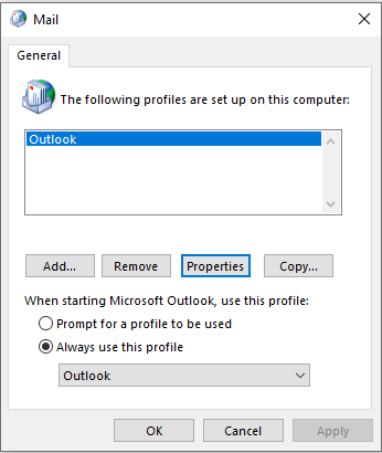 [メール] ダイアログ ボックスのスクリーンショット。現在の Outlook プロファイルと [プロパティ] ボタンが選択されています。