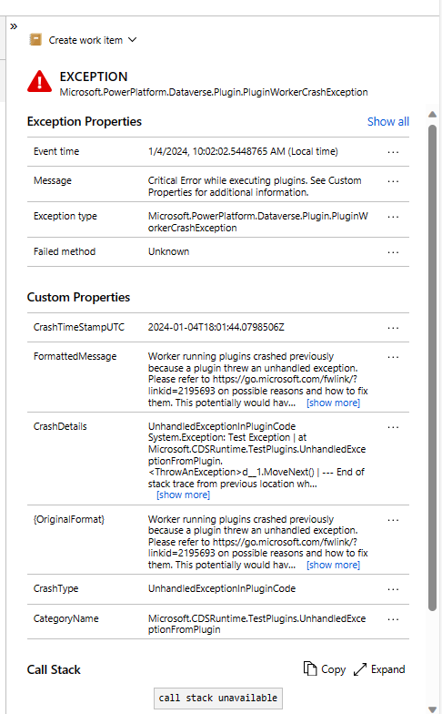 Application Insights プラグインのクラッシュ レポートの例。