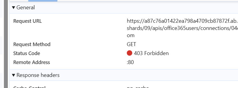 ブラウザー開発者ツールで失敗したネットワーク要求のスクリーンショット。ポートと IP アドレスを含まないリモート アドレス フィールドが表示されています。