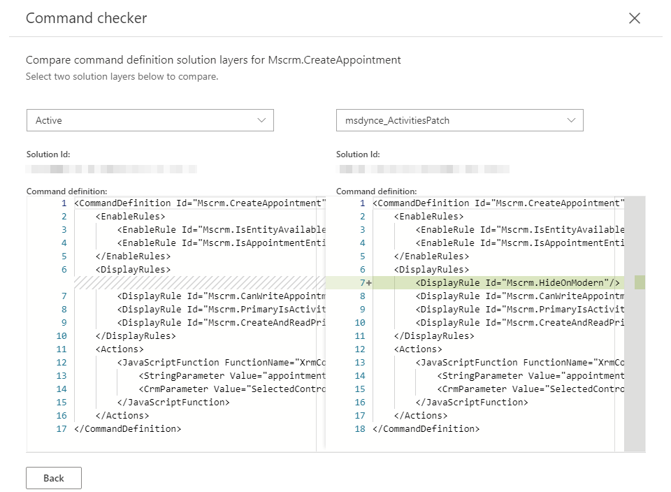 現在アクティブな定義と以前の非アクティブな定義の比較を示すスクリーンショット。