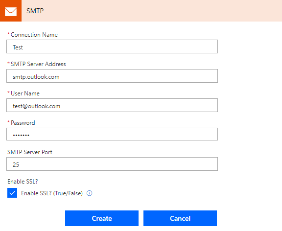 SMTP 設定で SSL 接続を有効にするスクリーンショット。
