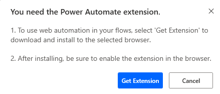 Power Automate 拡張機能のインストールを通知する拡張機能の取得メッセージのスクリーンショット。