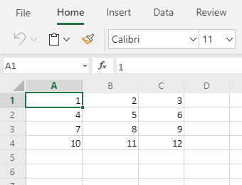 Excel データがテーブルとして書式設定されていないことを示すスクリーンショット。