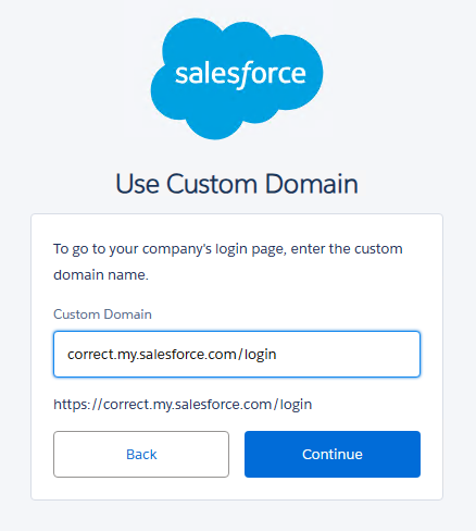 Salesforce の正しいカスタム ドメインを示すスクリーンショット。