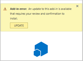 アドインの更新エラーと [更新] ボタンを示すスクリーンショット。