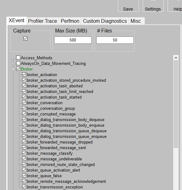 [XEvent] タブのすべてのブローカー イベントが有効になっている Pssdiag ツールのスクリーンショット。