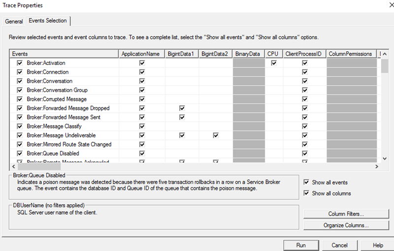 SQL Server Profilerトレースの収集のスクリーンショット。