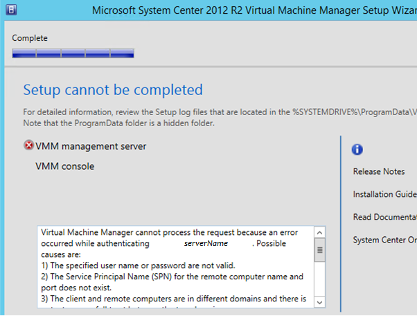 System Center 2012 Virtual Machine Manager をインストールするときに発生するセットアップの詳細を完了できないエラー。
