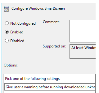 2 つ目のオプションを選択した場合、グループ ポリシー オブジェクト エディターの [Windows SmartScreen の構成] 設定ウィンドウのスクリーンショット。