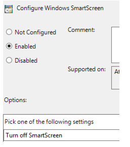 [SmartScreen をオフにする] オプションを選択すると、グループ ポリシー オブジェクト エディターの [Windows SmartScreen の構成] 設定ウィンドウのスクリーンショット。