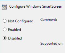 グループ ポリシー オブジェクト エディターの [Windows SmartScreen の構成] 設定ウィンドウのスクリーンショット。値は [無効] に設定されます。