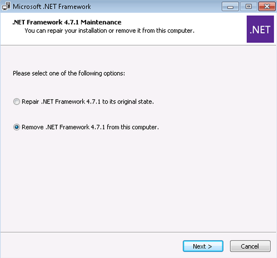 [このコンピューターから.NET Framework 4.7.1 を削除する] オプションのスクリーンショット。