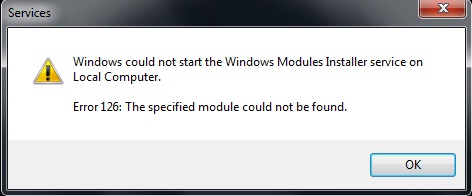 Windows モジュール インストーラー サービス エラー 126 のスクリーンショット。