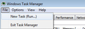 Windows タスク マネージャーでの [ファイル] メニューの [新しいタスクの実行...] オプションのスクリーンショット。