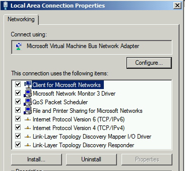 [Local Area Connection Properties]\(ローカル エリア接続のプロパティ\) ダイアログのスクリーンショット。[Client for Microsoft Networks]\(Microsoft ネットワーク用クライアント\) 項目が選択されています。