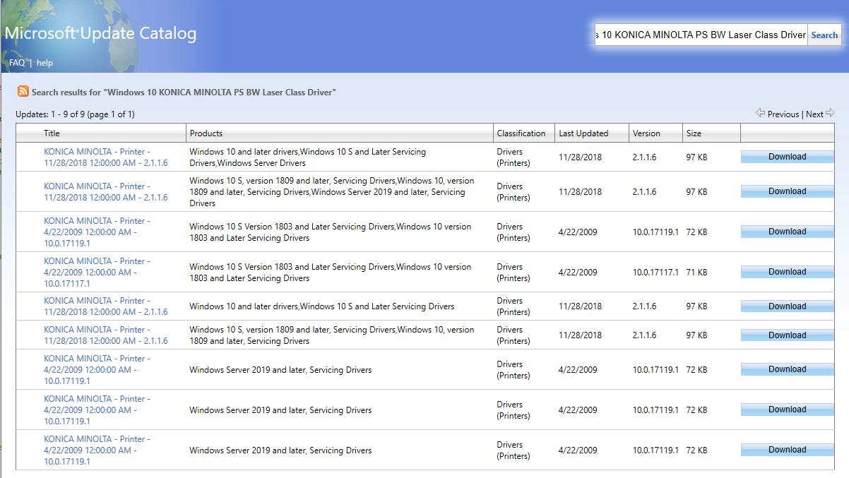 Microsoft Update Catalog の KONICA MINOLTA PS BW レーザー クラス ドライバー Windows 10検索結果のスクリーンショット。