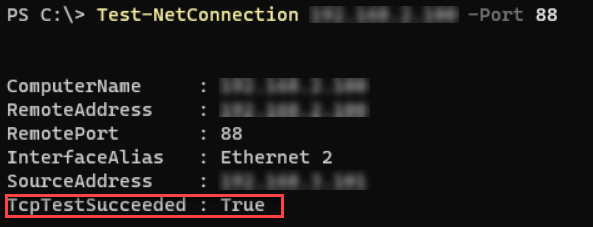 TCP ポート 88 出力の Test-NetConnection コマンドを示すスクリーンショット。