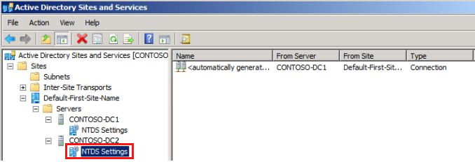[NTDS 設定] が選択されている [Active Directory サイトとサービス] ウィンドウのスクリーンショット。