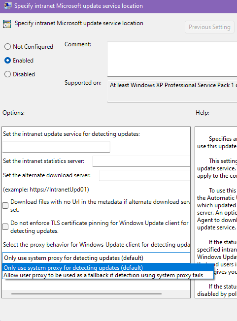 [イントラネットの Microsoft 更新サービスの場所を指定する] ウィンドウのスクリーンショット。[更新プログラムの検出にシステム プロキシのみを使用する (既定値)] が選択されています。