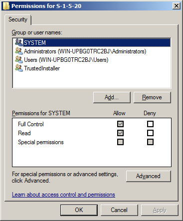 [アクセス許可の設定] ダイアログ ボックスの [セキュリティ] タブに NETWORK SERVICE を追加します。