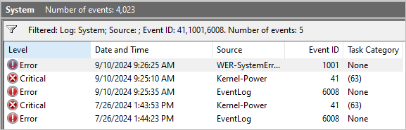 イベント ビューアーでフィルター処理された 41、1001、6008 のシステム イベント ログを示すスクリーンショット。