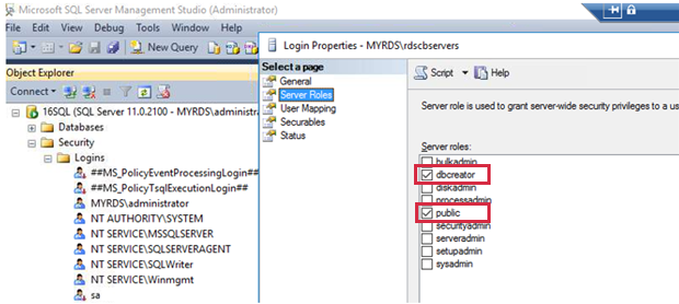 SQL Server Management Studioの RD 接続ブローカー サーバーの [ログイン プロパティ] の [サーバー ロール] ページで、dbcreator とパブリック オプションを選択します。