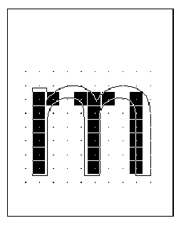 pixels against the outline for lowercase letter m with two gaps