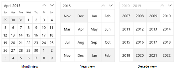 カレンダーの月、年、および 10 年ビュー