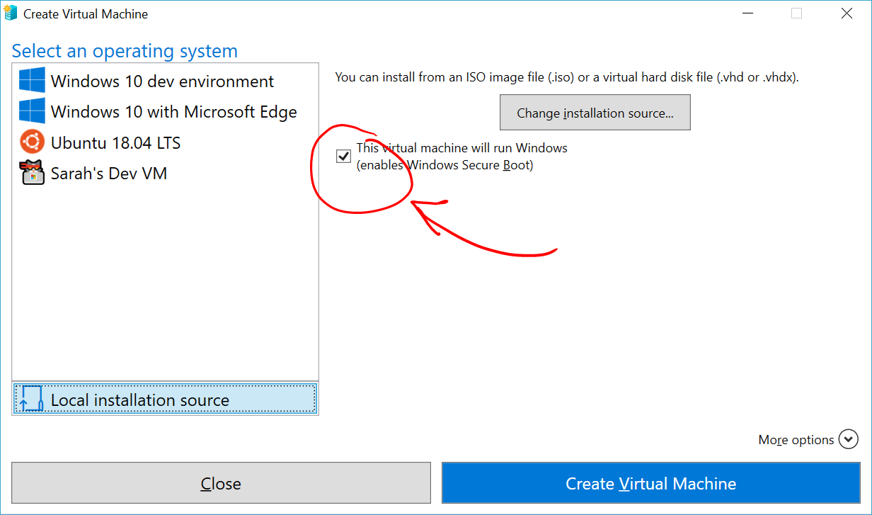 Screenshot of the Create Virtual Machine screen with the Change installation source option being highlighted.