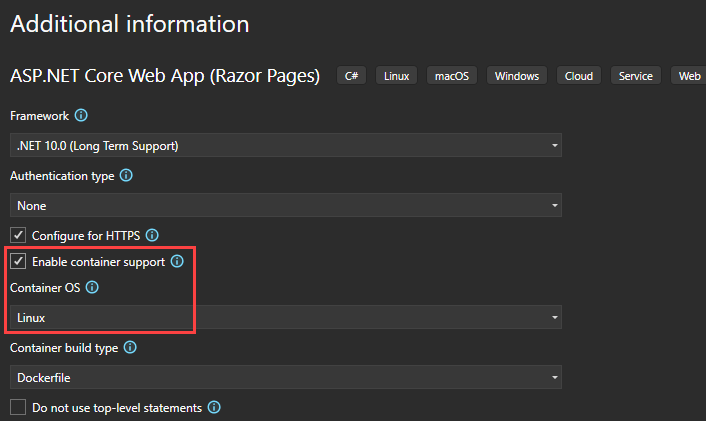 Visual Studio のコンテナー サポート チェック ボックスを示すスクリーンショット。