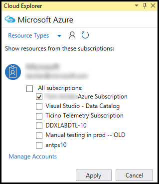 Cloud Explorer: 表示する Azure サブスクリプションを選択する